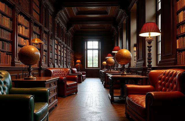 Restaurert historisk bibliotek med mørke trehyller og klassiske lesestoler